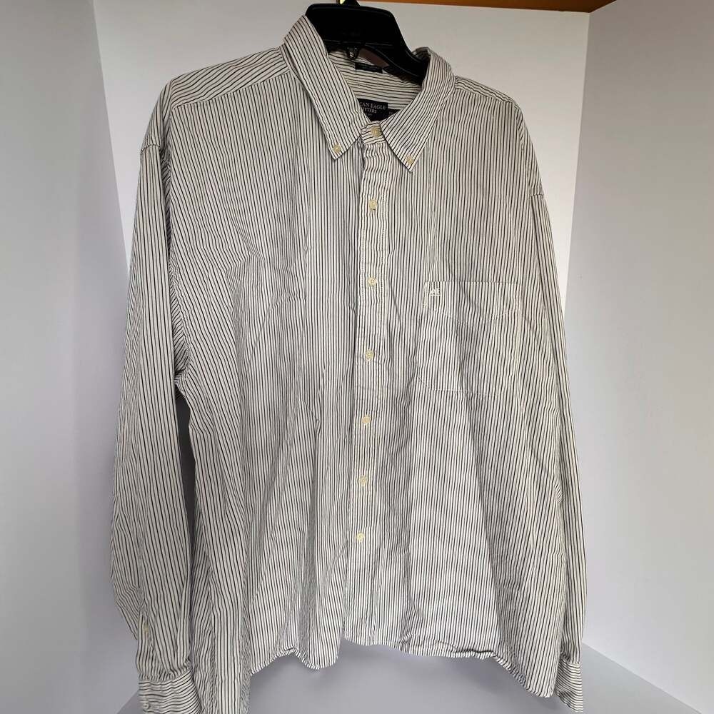 American Eagle Men's Gray White Striped Slim Fit Oxford Button-Up Shirt